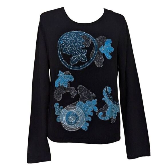 New Spanner Black Royal Blue Gray Floral Leave Abstract Sweater Top Crew Neck XL - Picture 1 of 8
